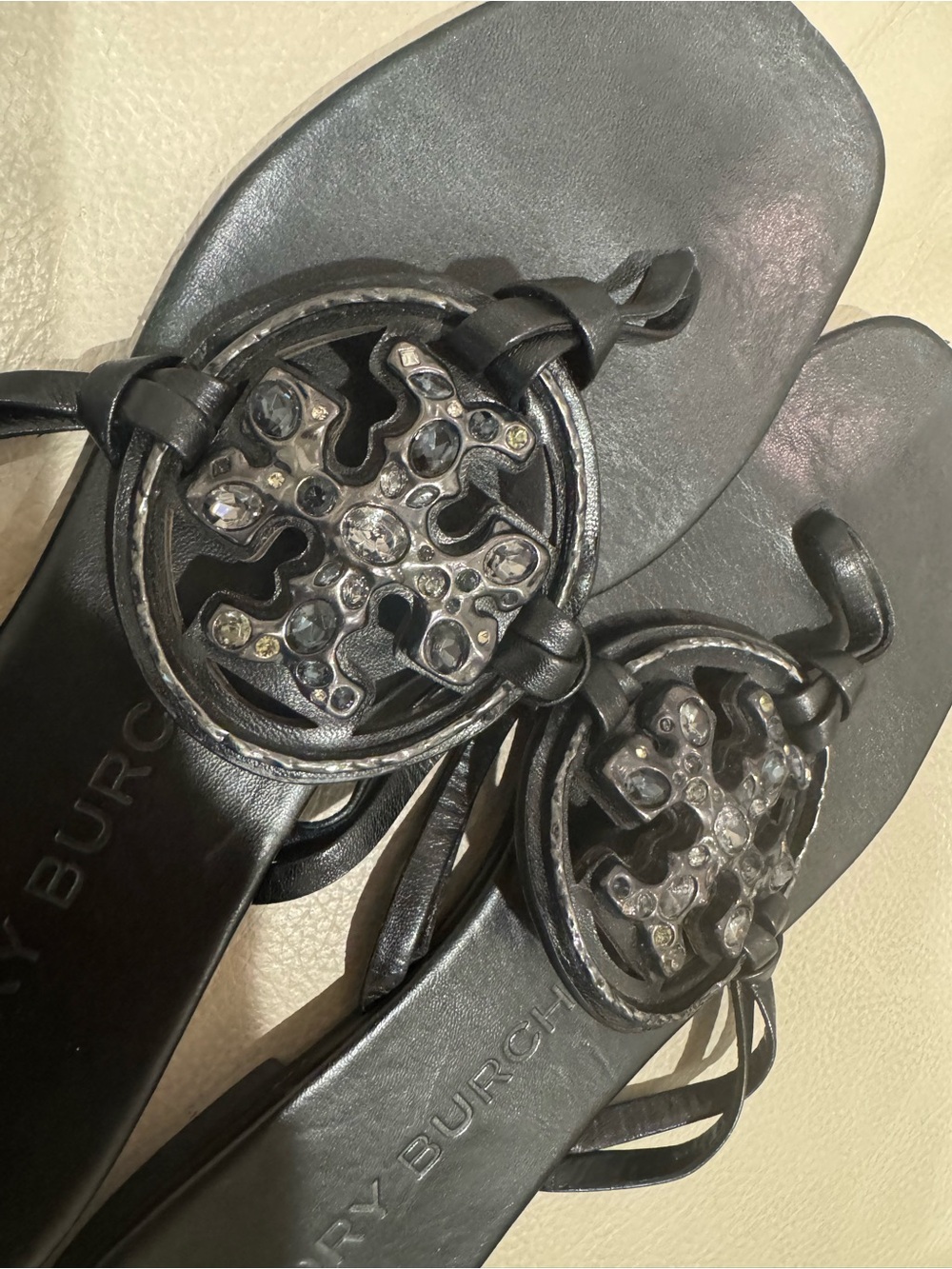 Tory Burch Black Leather Jeweled Miller Logo Toe-Loop Sandals - Picture 2 of 3